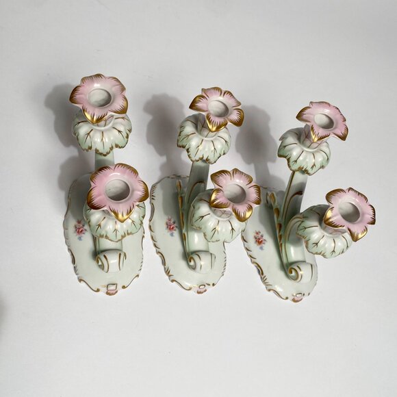 Set of 3 HUNGARIAN Hollohaza Fine Porcelain Candle Holders Pastel Candelabra - Picture 6 of 9